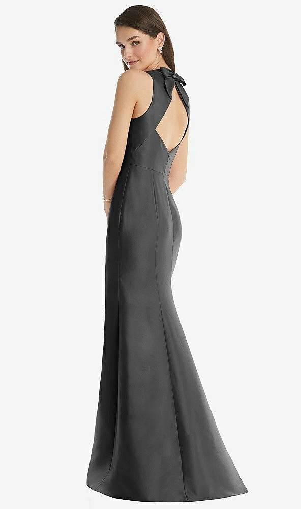 Back View - Pewter Jewel Neck Bowed Open-Back Trumpet Dress with Front Slit