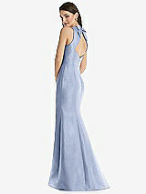 Rear View Thumbnail - Sky Blue Jewel Neck Bowed Open-Back Trumpet Dress with Front Slit