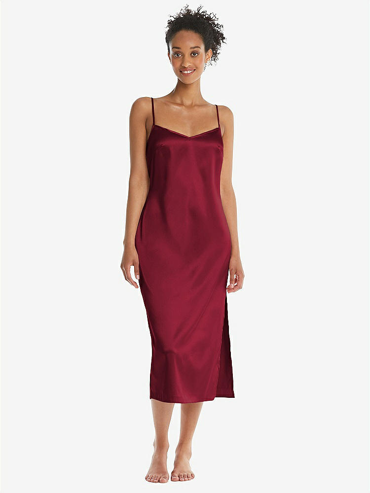 Front View - Burgundy  Midi Stretch Satin Slip with Adjustable Straps - Asley