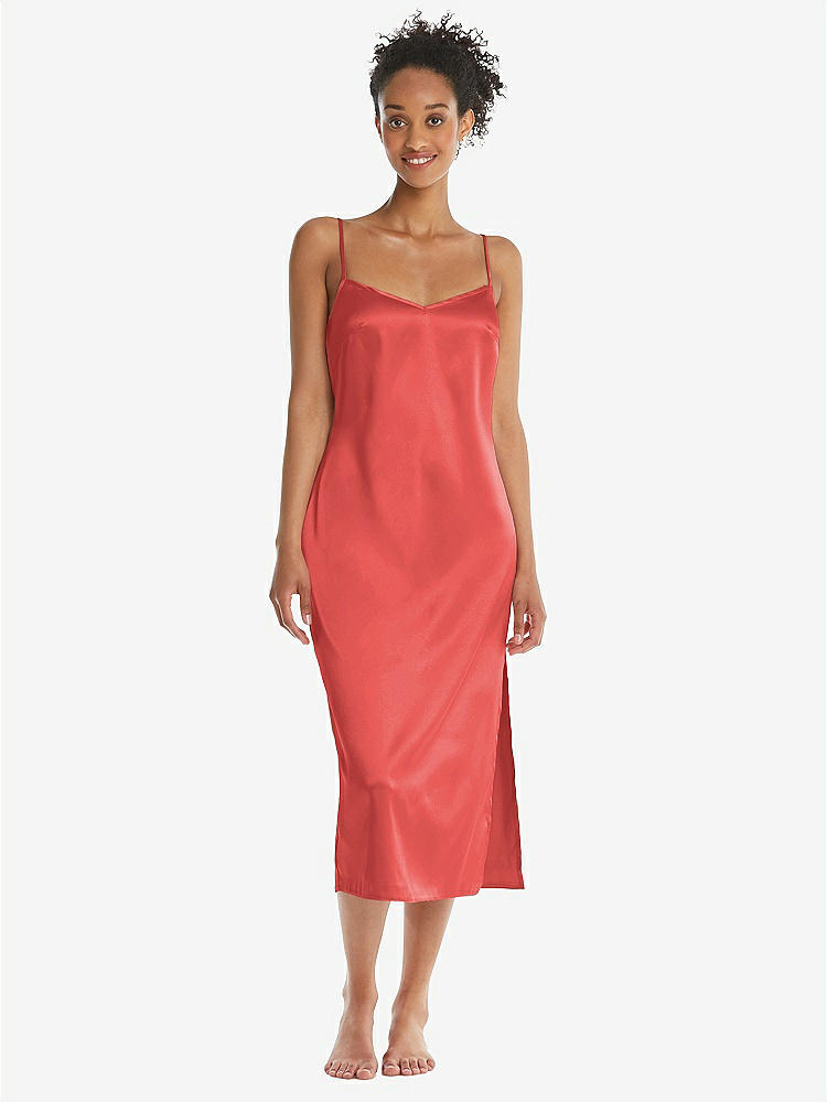 Front View - Perfect Coral  Midi Stretch Satin Slip with Adjustable Straps - Asley