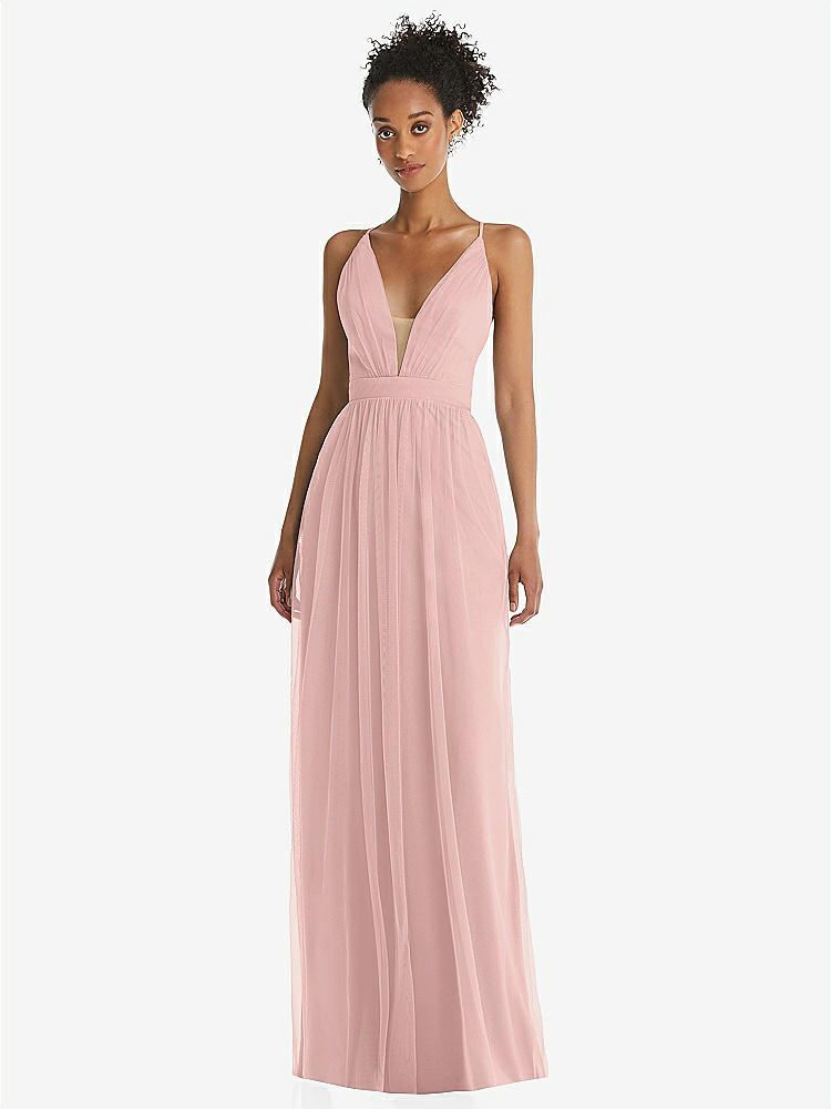 Illusion Deep V-neck Tulle Maxi Bridesmaid Dress With Adjustable 