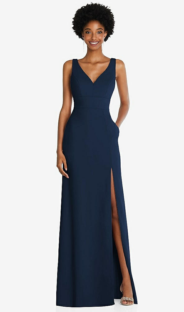 Front View - Midnight Navy Square Low-Back A-Line Dress with Front Slit and Pockets