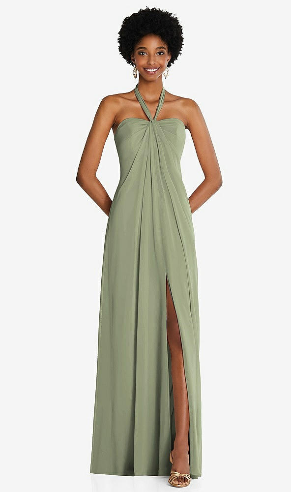 Front View - Sage Draped Chiffon Grecian Column Gown with Convertible Straps