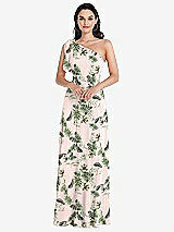 Alt View 1 Thumbnail - Palm Beach Print Draped One-Shoulder Maxi Dress with Scarf Bow
