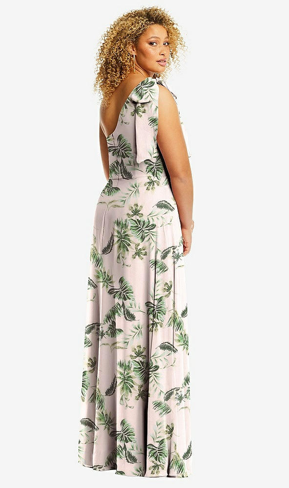 Back View - Palm Beach Print Draped One-Shoulder Maxi Dress with Scarf Bow