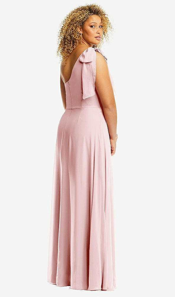 Back View - Ballet Pink Draped One-Shoulder Maxi Dress with Scarf Bow