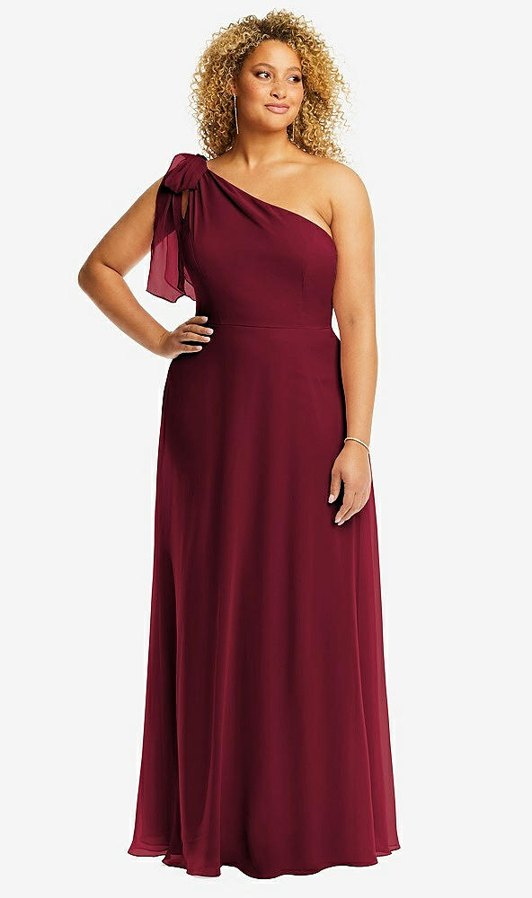 Front View - Burgundy Draped One-Shoulder Maxi Dress with Scarf Bow