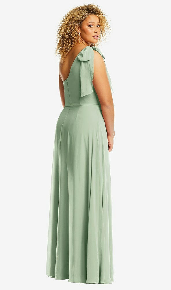 Back View - Celadon Draped One-Shoulder Maxi Dress with Scarf Bow