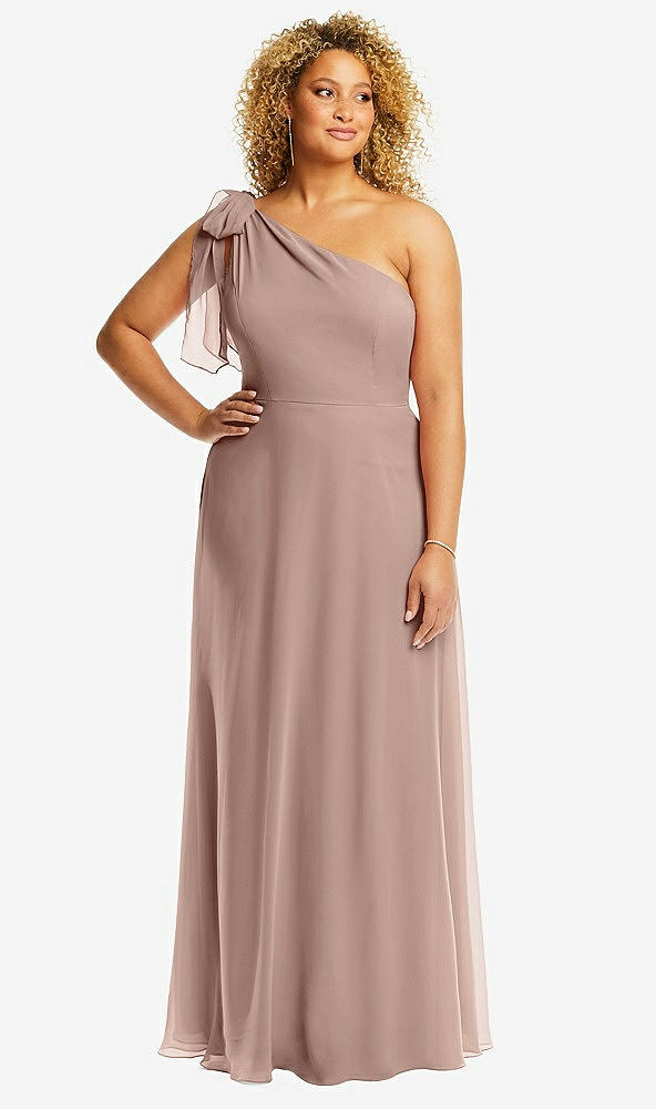 Front View - Neu Nude Draped One-Shoulder Maxi Dress with Scarf Bow