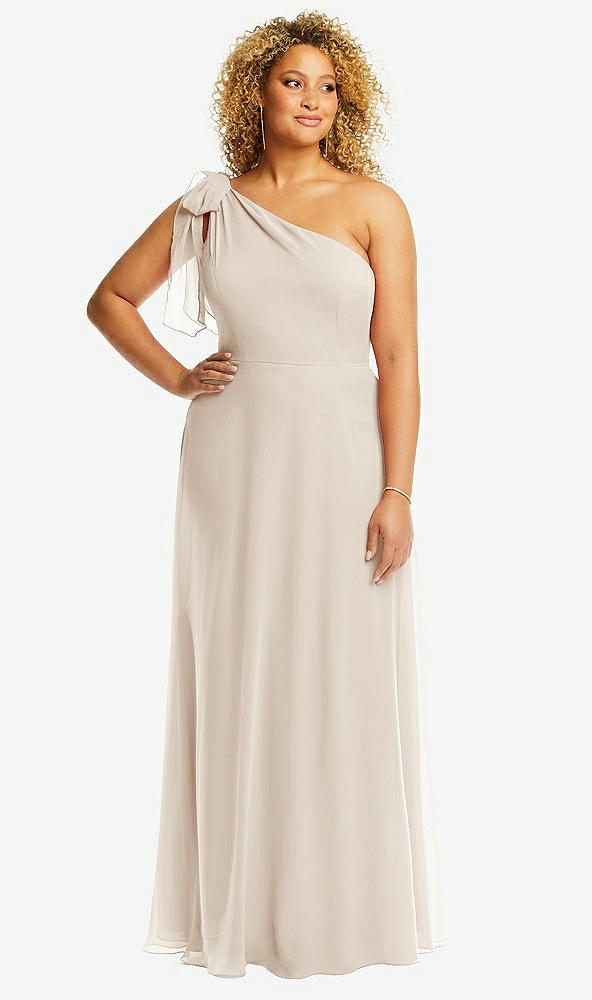 Front View - Oat Draped One-Shoulder Maxi Dress with Scarf Bow