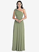 Alt View 1 Thumbnail - Sage Draped One-Shoulder Maxi Dress with Scarf Bow