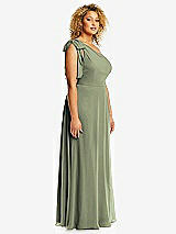 Side View Thumbnail - Sage Draped One-Shoulder Maxi Dress with Scarf Bow