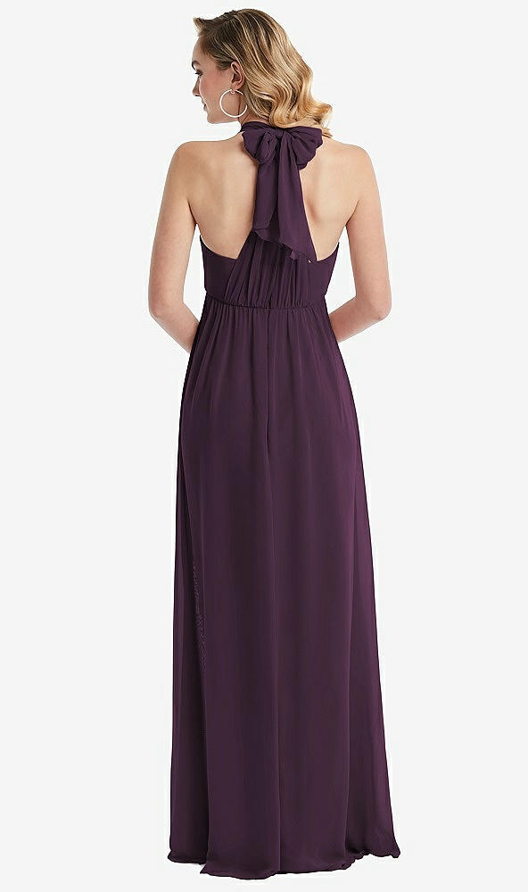 Back View - Aubergine Empire Waist Shirred Skirt Convertible Sash Tie Maxi Dress