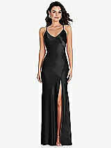 Front View Thumbnail - Black V-Neck Convertible Strap Bias Slip Dress with Front Slit