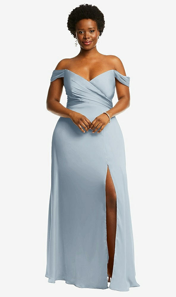 Front View - Mist Off-the-Shoulder Flounce Sleeve Empire Waist Gown with Front Slit