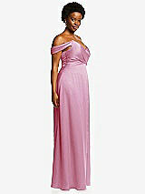 Side View Thumbnail - Powder Pink Off-the-Shoulder Flounce Sleeve Empire Waist Gown with Front Slit