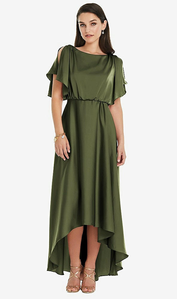 Front View - Olive Green Blouson Bodice Deep V-Back High Low Dress with Flutter Sleeves