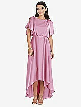Front View Thumbnail - Powder Pink Blouson Bodice Deep V-Back High Low Dress with Flutter Sleeves