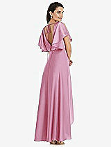 Rear View Thumbnail - Powder Pink Blouson Bodice Deep V-Back High Low Dress with Flutter Sleeves