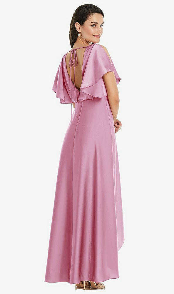 Back View - Powder Pink Blouson Bodice Deep V-Back High Low Dress with Flutter Sleeves