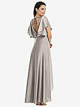 Rear View Thumbnail - Taupe Blouson Bodice Deep V-Back High Low Dress with Flutter Sleeves