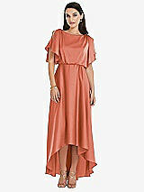 Front View Thumbnail - Terracotta Copper Blouson Bodice Deep V-Back High Low Dress with Flutter Sleeves