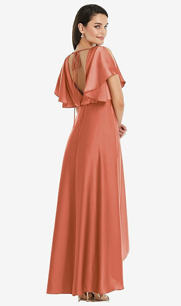 Back View - Terracotta Copper Blouson Bodice Deep V-Back High Low Dress with Flutter Sleeves