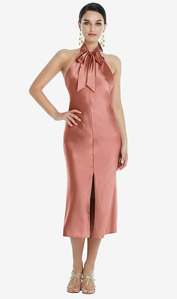 Front View - Desert Rose Scarf Tie Stand Collar Midi Bias Dress with Front Slit