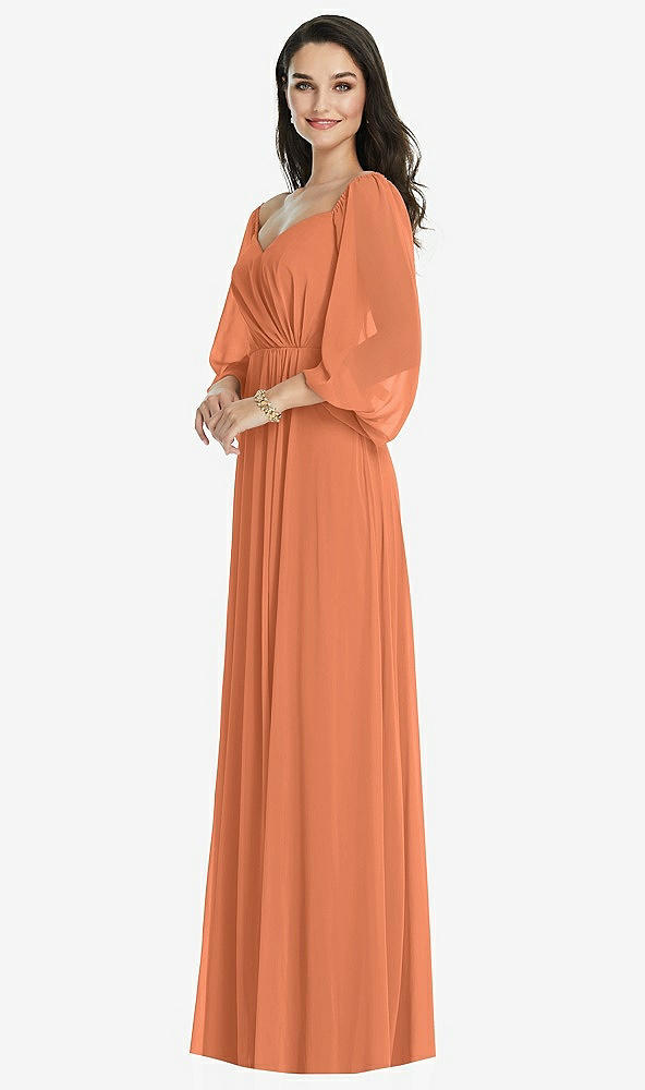 Front View - Sweet Melon Off-the-Shoulder Puff Sleeve Maxi Dress with Front Slit