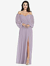 Side View Thumbnail - Lilac Haze Off-the-Shoulder Puff Sleeve Maxi Dress with Front Slit