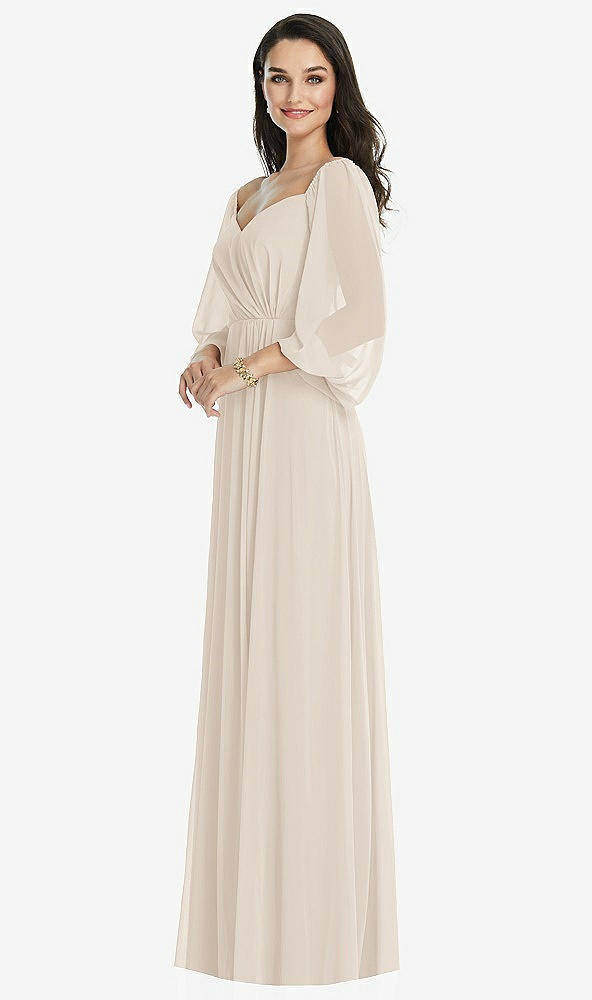 Front View - Oat Off-the-Shoulder Puff Sleeve Maxi Dress with Front Slit