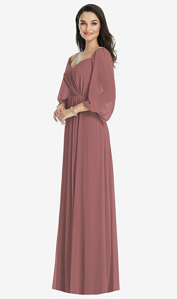 Front View - Rosewood Off-the-Shoulder Puff Sleeve Maxi Dress with Front Slit