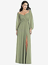 Alt View 1 Thumbnail - Sage Off-the-Shoulder Puff Sleeve Maxi Dress with Front Slit