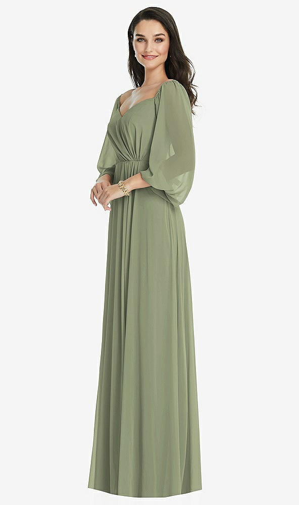 Front View - Sage Off-the-Shoulder Puff Sleeve Maxi Dress with Front Slit