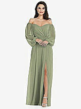 Side View Thumbnail - Sage Off-the-Shoulder Puff Sleeve Maxi Dress with Front Slit
