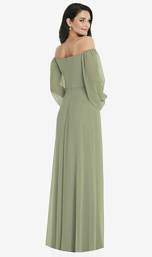 Back View - Sage Off-the-Shoulder Puff Sleeve Maxi Dress with Front Slit