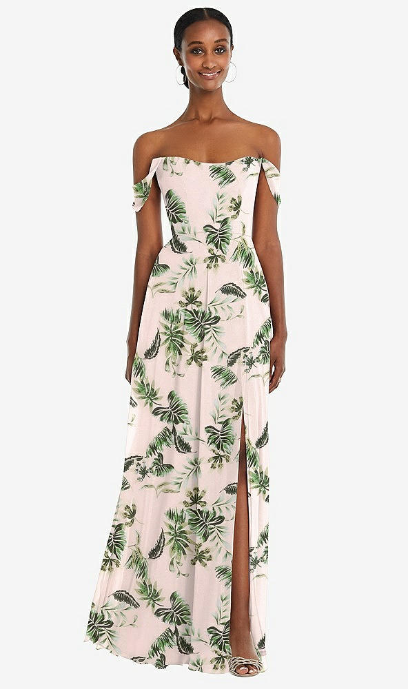 Front View - Palm Beach Print Off-the-Shoulder Basque Neck Maxi Dress with Flounce Sleeves