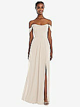 Front View Thumbnail - Oat Off-the-Shoulder Basque Neck Maxi Dress with Flounce Sleeves