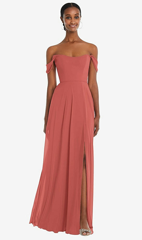 Front View - Coral Pink Off-the-Shoulder Basque Neck Maxi Dress with Flounce Sleeves
