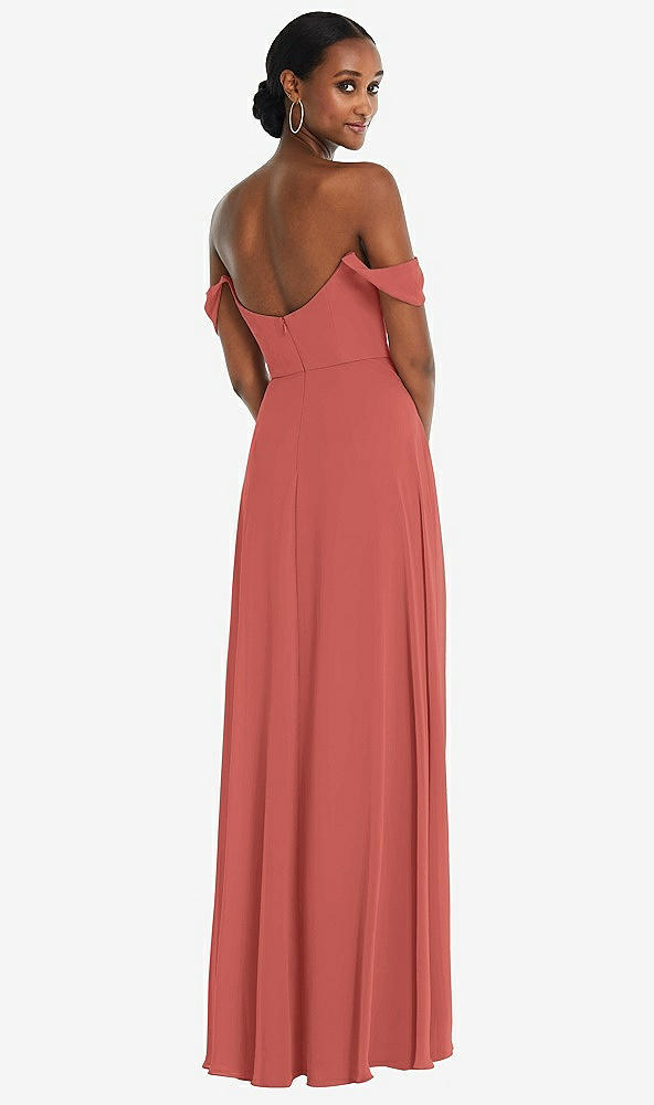 Back View - Coral Pink Off-the-Shoulder Basque Neck Maxi Dress with Flounce Sleeves