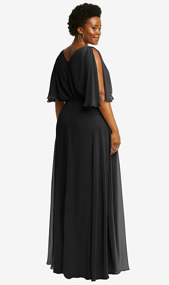Back View - Black V-Neck Split Sleeve Blouson Bodice Maxi Dress