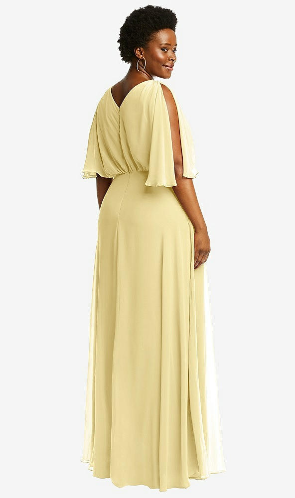 Back View - Pale Yellow V-Neck Split Sleeve Blouson Bodice Maxi Dress