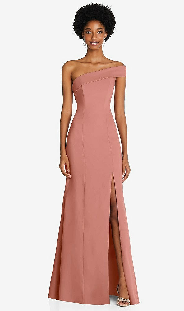 Front View - Desert Rose Asymmetrical Off-the-Shoulder Cuff Trumpet Gown With Front Slit