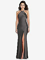 Front View Thumbnail - Caviar Gray Halter Convertible Strap Bias Slip Dress With Front Slit
