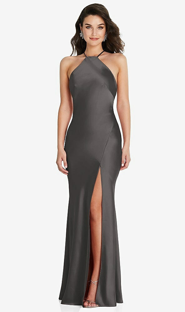 Front View - Caviar Gray Halter Convertible Strap Bias Slip Dress With Front Slit