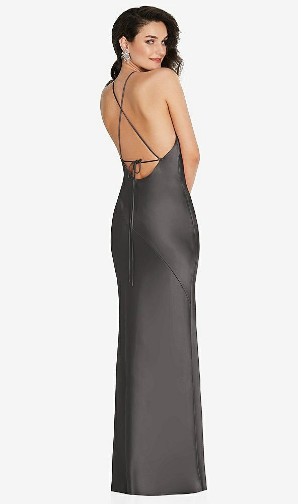 Back View - Caviar Gray Halter Convertible Strap Bias Slip Dress With Front Slit