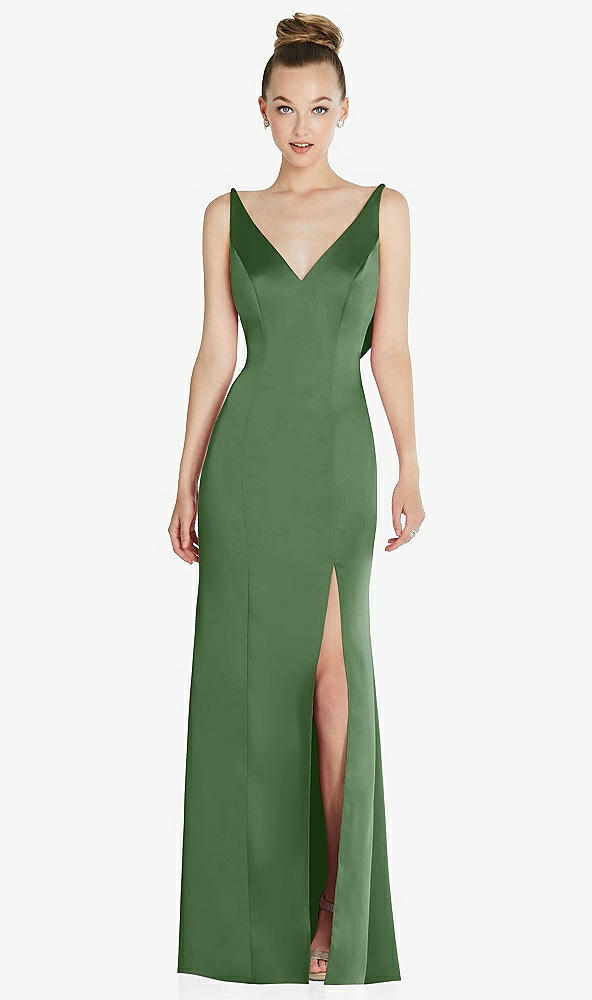 Back View - Vineyard Green Draped Cowl-Back Princess Line Dress with Front Slit