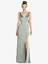 Rear View Thumbnail - Willow Green Draped Cowl-Back Princess Line Dress with Front Slit