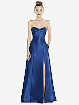 Front View Thumbnail - Classic Blue Bow Cuff Strapless Satin Ball Gown with Pockets