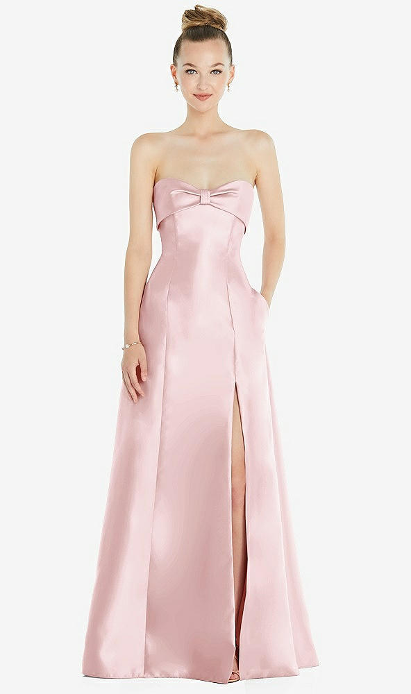 Front View - Ballet Pink Bow Cuff Strapless Satin Ball Gown with Pockets